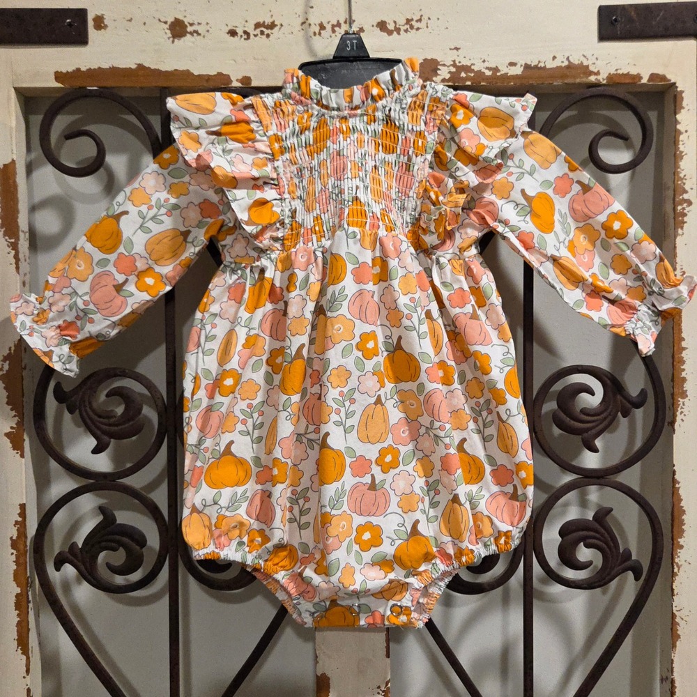 Stitchy Fish Baby Girls Orange Pumpkin Floral Smocked Bubble Romper 6M Autumn